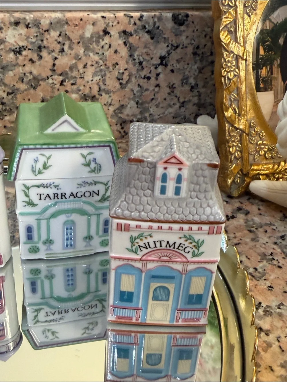 Set of 7 Decorative Ceramic Herb Canisters - Pastel Village Style
